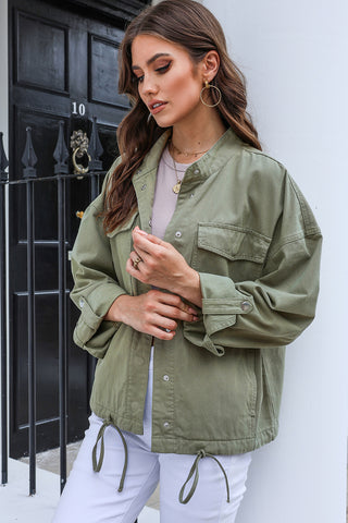 Drawstring Snap Down Dropped Shoulder Denim Jacket Divacious