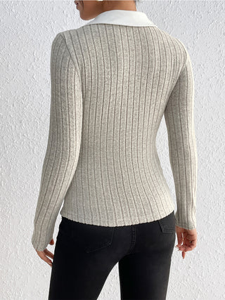 Ribbed Johnny Collar Long Sleeve Blouse Divacious
