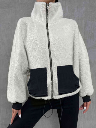 Contrast Drawstring Collared Neck Jacket Divacious