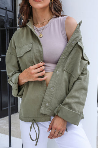 Drawstring Snap Down Dropped Shoulder Denim Jacket Divacious