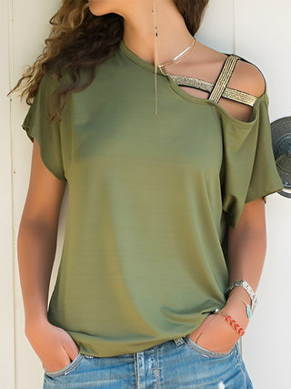 Asymmetrical Neck Short Sleeve T-Shirt Divacious