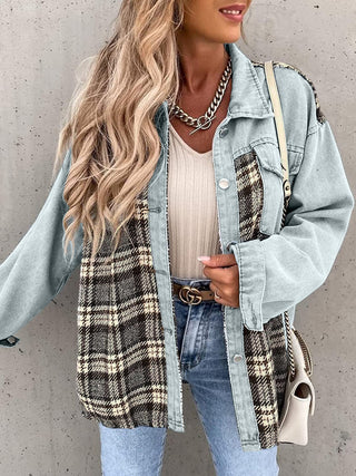 Plaid Button Up Dropped Shoulder Jacket Divacious
