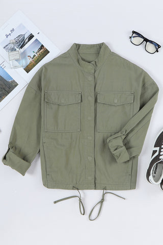 Drawstring Snap Down Dropped Shoulder Denim Jacket Divacious