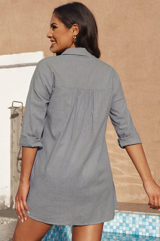 Button-Up Longline Shirt with Breast Pockets Divacious