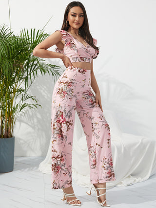 Honey Printed Surplice Cap Sleeve Top and Pants Set Trendsi