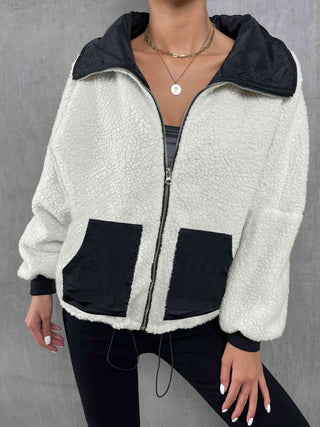 Contrast Drawstring Collared Neck Jacket Divacious