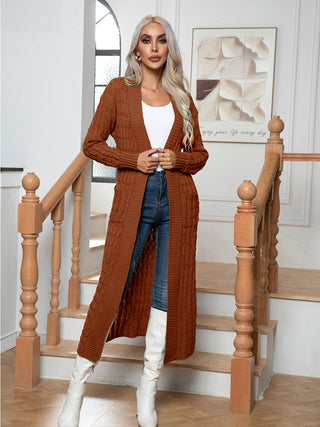 Cable-Knit Open Front Cardigan with Pockets Divacious