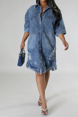 Distressed Raw Hem Button Up Denim Dress Divacious