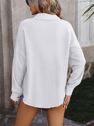 Textured Pocketed Button Up Dropped Shoulder Shirt Divacious