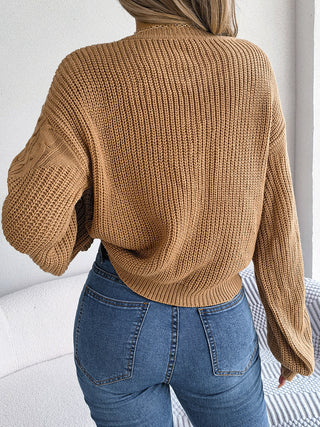 Cable-Knit Round Neck Drop Shoulder Sweater Divacious