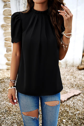 Ruched Mock Neck Short Sleeve Blouse - Divacious