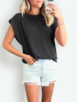Textured Round Neck Cap Sleeve Blouse Divacious