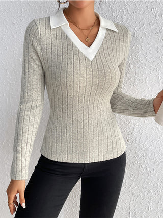 Ribbed Johnny Collar Long Sleeve Blouse Divacious