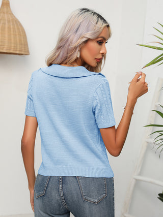 Cable-Knit Johnny Collar Short Sleeve Knit Top Divacious