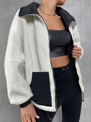 Contrast Drawstring Collared Neck Jacket Divacious