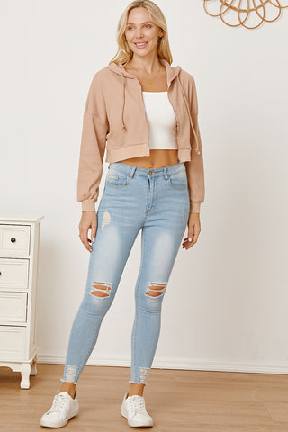 Waffle-Knit Drawstring Zip Up Hoodie Divacious