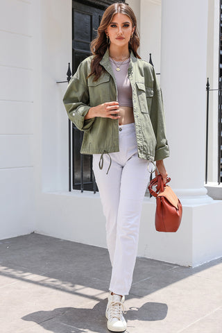 Drawstring Snap Down Dropped Shoulder Denim Jacket Divacious