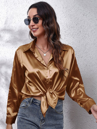 Collared Neck Buttoned Long Sleeve Shirt Divacious