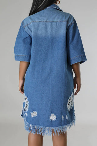 Distressed Raw Hem Button Up Denim Dress Divacious
